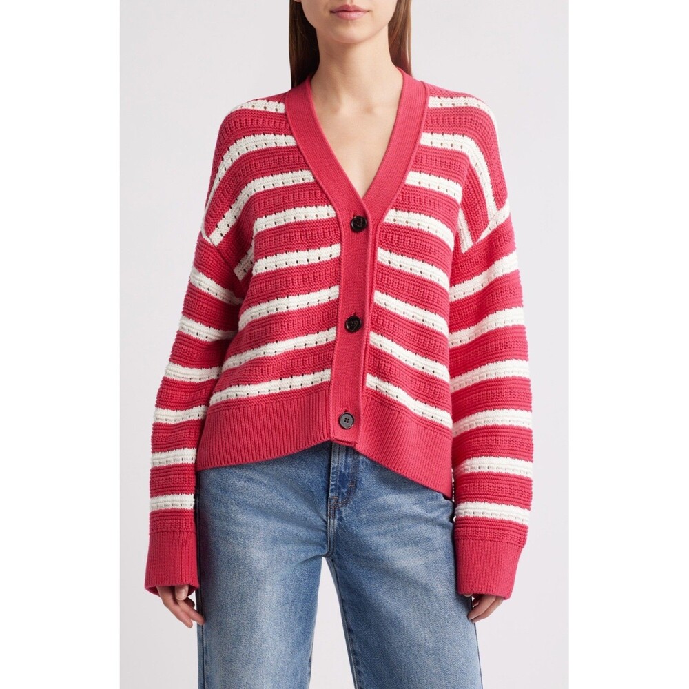 Rails Geneva Women’s 100% Cotton Knit Cardigan Pink Stripe Size M NWT Button Up